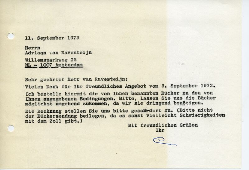 Johannes Cladders, Schreiben an Adriaan van Ravesteijn, 11.9.1973, masch. Du., Archiv Museum Abteiberg