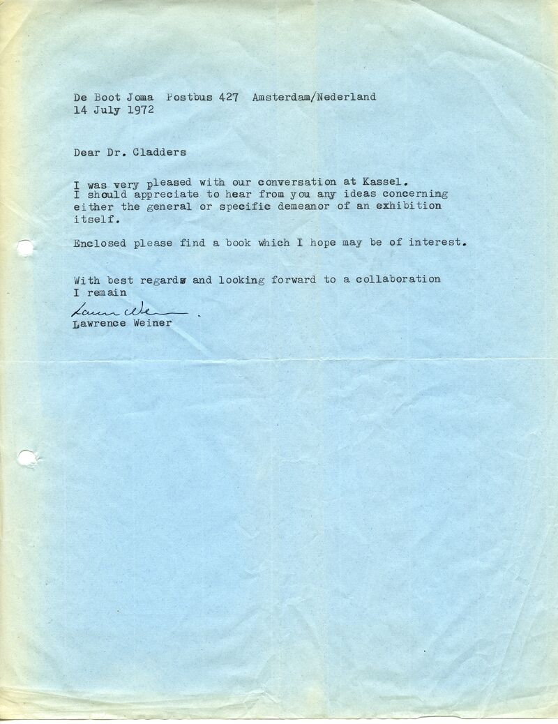 Lawrence Weiner, Brief an Johannes Cladders, 14.7.1972, masch., Archiv Museum Abteiberg, © Lawrence Weiner Estate, Alice Weiner