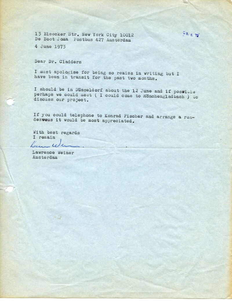 Lawrence Weiner, Brief an Johannes Cladders, 4.6.1973, masch., Archiv Museum Abteiberg, © Lawrence Weiner Estate, Alice Weiner