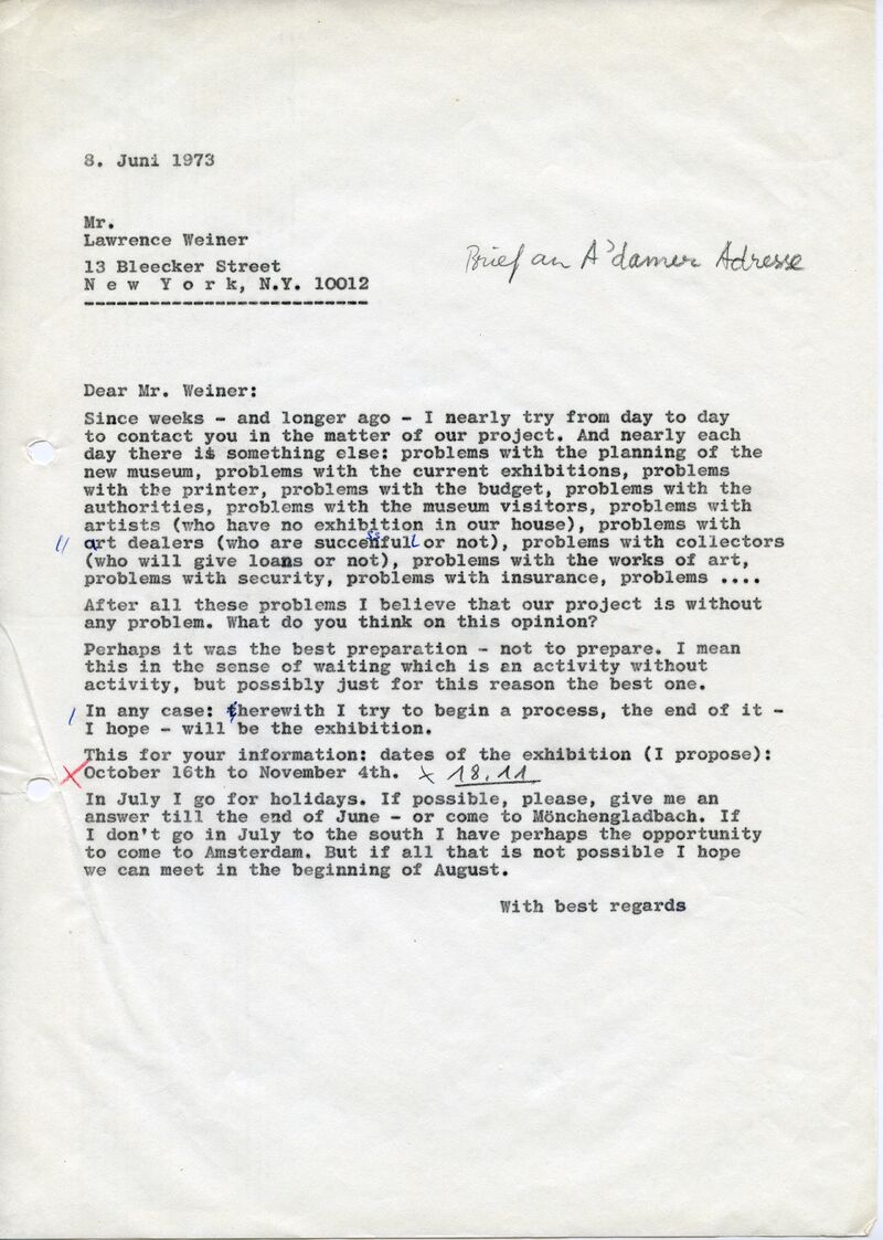 Johannes Cladders, Brief an Lawrence Weiner, 8.6.1973, masch. Du., Archiv Museum Abteiberg