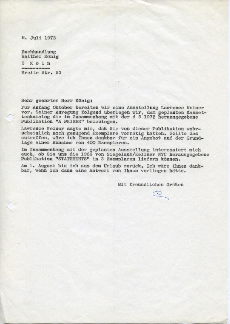 Johannes Cladders, Brief an Walther König, 6.7.1973, masch. Du., Archiv Museum Abteiberg