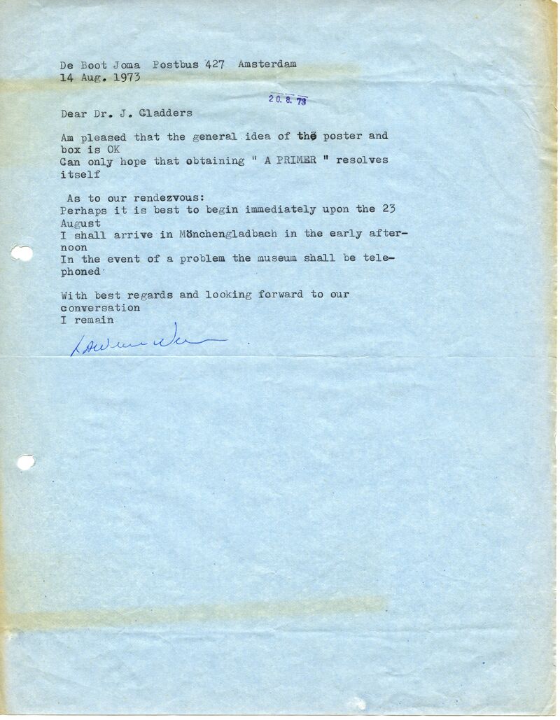 Lawrence Weiner, Brief an Johannes Cladders, 14.8.1973, masch., Archiv Museum Abteiberg, © Lawrence Weiner Estate, Alice Weiner