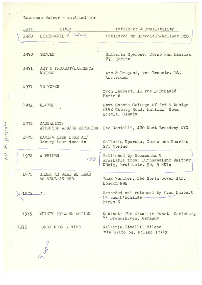 Lawrence Weiner, Publikationsliste, 1973, masch., Archiv Museum Abteiberg, © Lawrence Weiner Estate, Alice Weiner