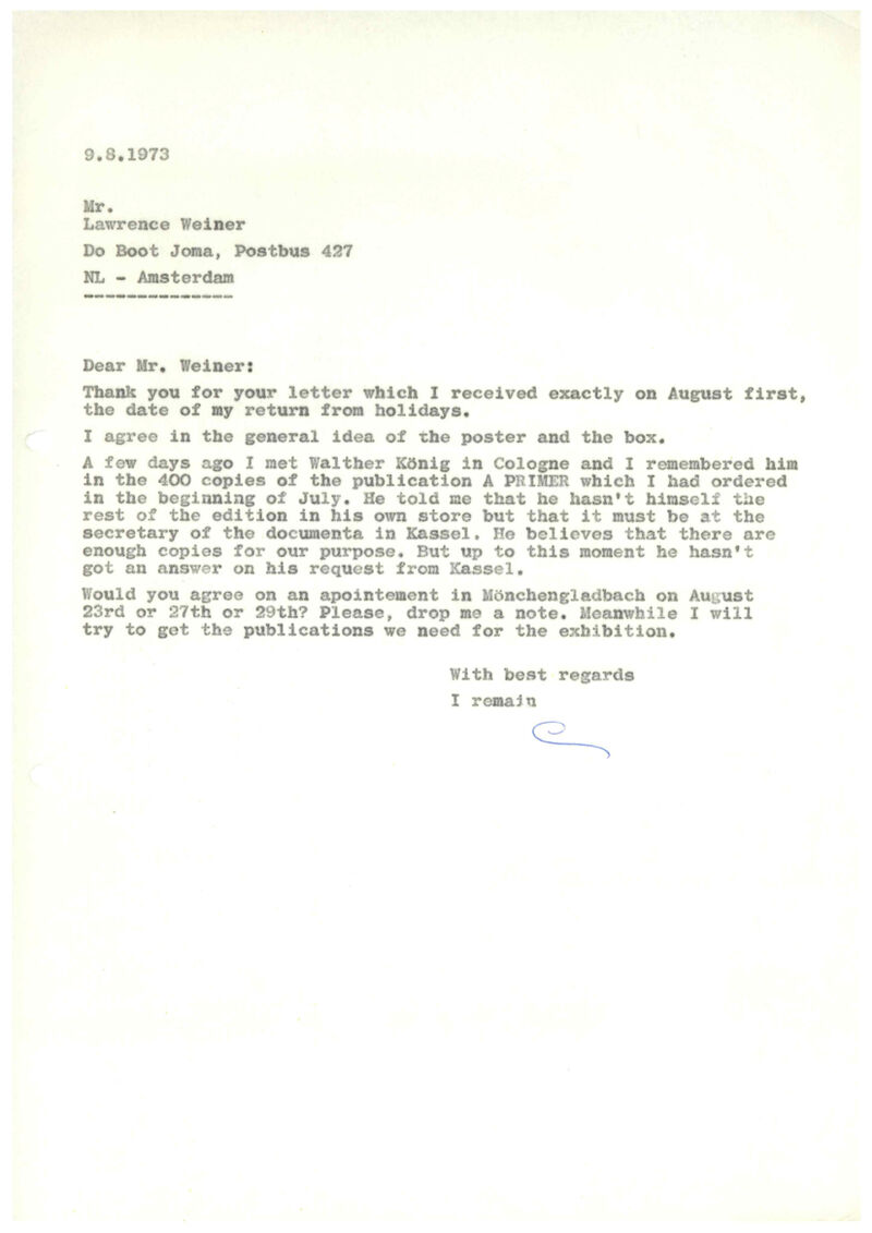 Johannes Cladders, Brief an Lawrence Weiner, 9.8.1973, masch. Du., Archiv Museum Abteiberg