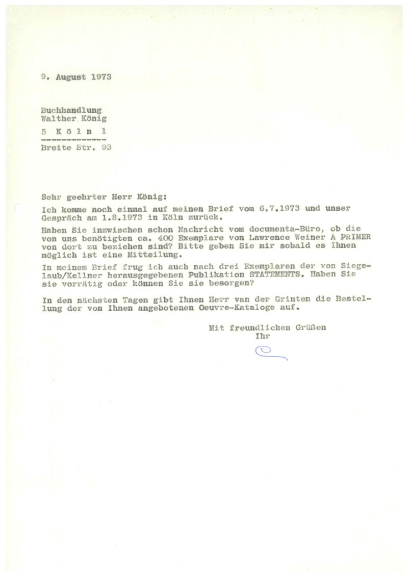 Johannes Cladders, Brief an Walther König, 9.8.1973, masch. Du., Archiv Museum Abteiberg