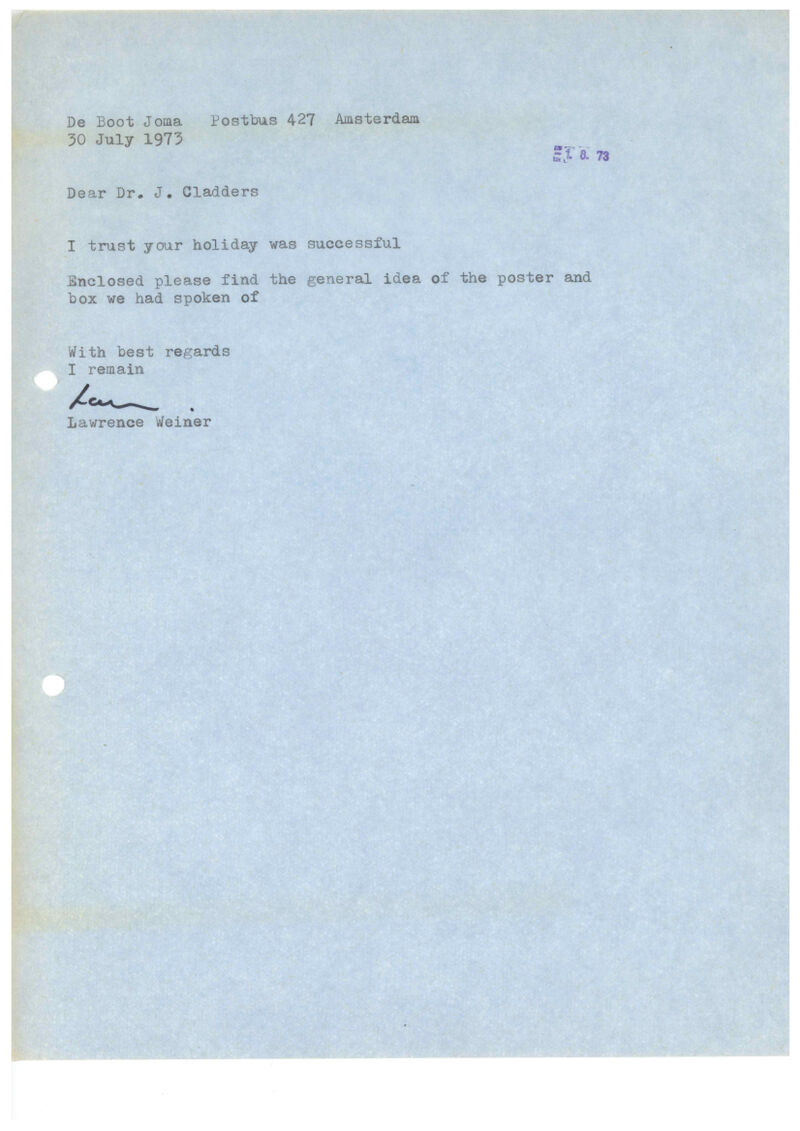 Lawrence Weiner, Brief an Johannes Cladders, 30.7.1973, masch., Archiv Museum Abteiberg, © Lawrence Weiner Estate, Alice Weiner