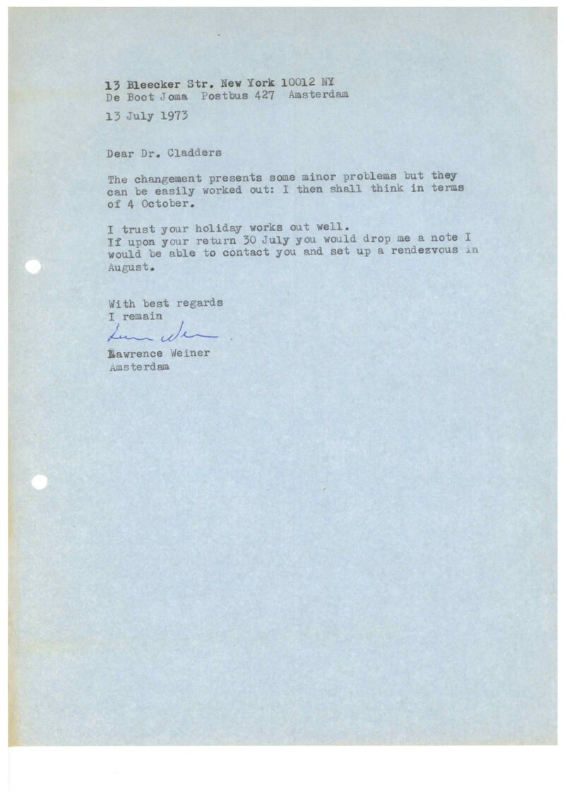Lawrence Weiner, Brief an Johannes Cladders, 13.7.1973, masch., Archiv Museum Abteiberg, © Lawrence Weiner Estate, Alice Weiner