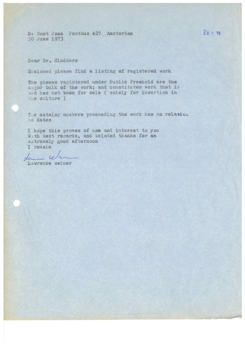 Lawrence Weiner, Brief an Johannes Cladders 30.6.1973, masch., Archiv Museum Abteiberg, © Lawrence Weiner Estate, Alice Weiner