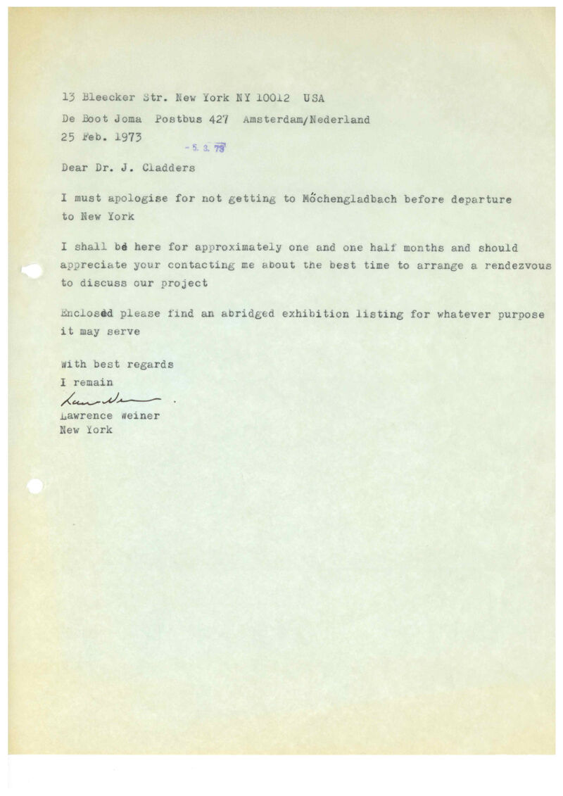 Lawrence Weiner, Brief an Johannes Cladders, 25.2.1973, masch., Archiv Museum Abteiberg, © Lawrence Weiner Estate, Alice Weiner