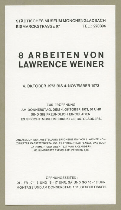 Einladungskarte 8 Arbeiten von LAWRENCE WEINER, 1973