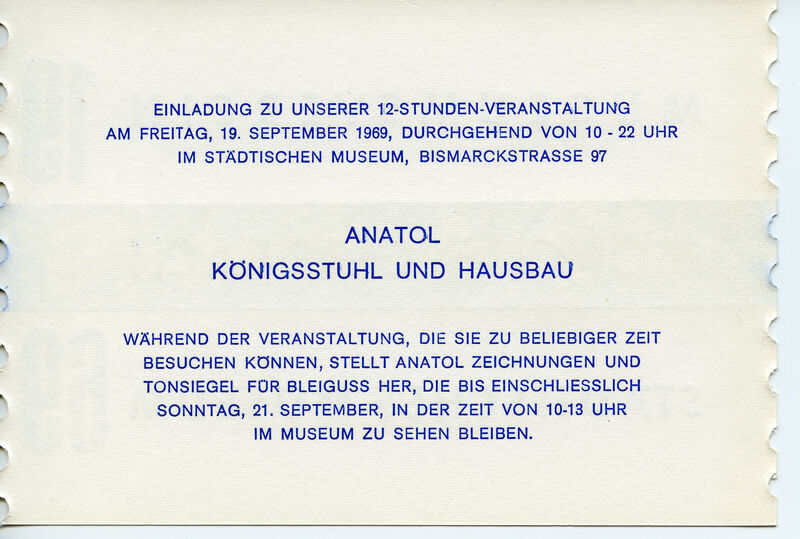 Einladungskarte ANATOL (Rückseite), 1969