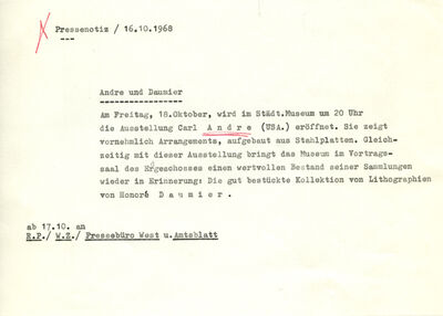 Pressenotiz Städtisches Museum Mönchengladbach, 16.10.1968, Archiv Museum Abteiberg