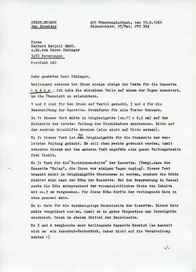 Johannes Cladders, Brief an Herrn Düringer, 10.9.1968, S. 1/2, masch., Du., Archiv Museum Abteiberg