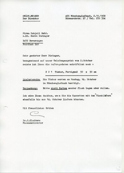 Johannes Cladders, Brief an Herrn Düringer, 2.10.1968, masch., Du., Archiv Museum Abteiberg