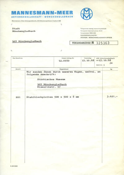 Rechnung der Firma Mannesmann-Meer an Städtisches Museum Mönchengladbach, 15.10.1968, Archiv Museum Abteiberg