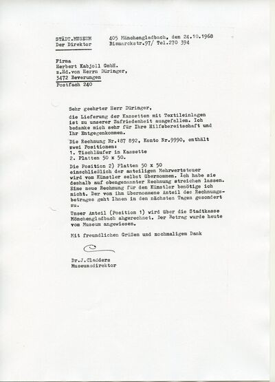 Johannes Cladders, Brief an Herrn Düringer, 24.10.1968, masch., Du., Archiv Museum Abteiberg