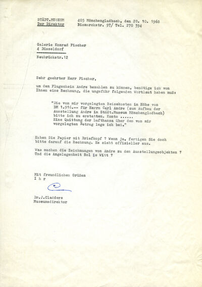 Johannes Cladders, Brief an Konrad Fischer, 28.10.1968, masch., Du., Archiv Museum Abteiberg