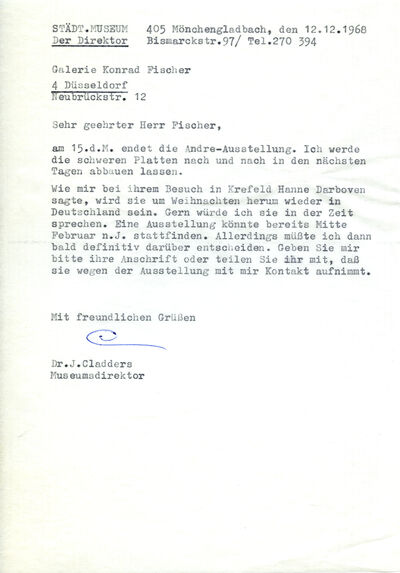 Johannes Cladders, Brief an Konrad Fischer, 12.12.1968, masch., Du., Archiv Museum Abteiberg