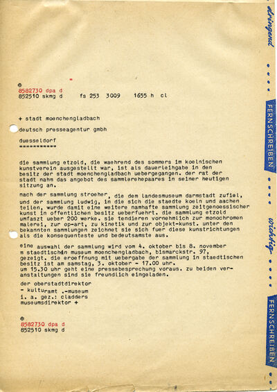 Johannes Cladders, Fernschreiben an dpa zur Übergabe der Sammlung Etzold, 1970, Archiv Museum Abteiberg