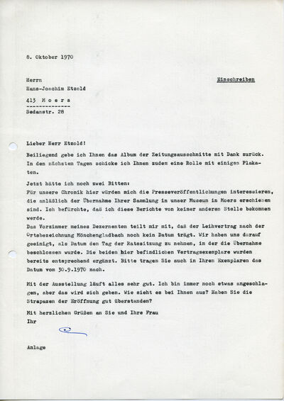 Johannes Cladders, Brief an Hans Joachim Etzold, 8.10.1970, masch., Du., Archiv Museum Abteiberg