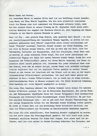 Wilhelm Wachtendonk, Rede zur Übernahme der Sammlung Etzold, 1970, S.1, Archiv Museum Abteiberg