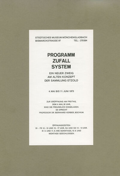 Einladungskarte Programm Zufall System. Ein neuer Zweig am alten Konzept der Sammlung Etzold, 1973