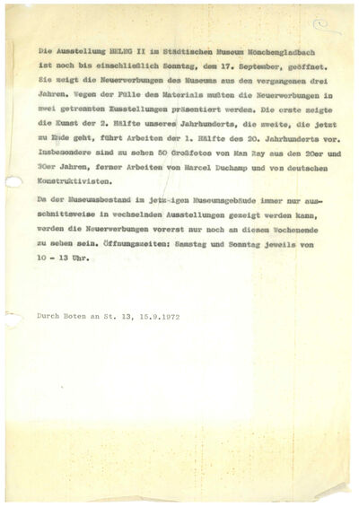 Johannes Cladders, Schreiben an Presseamt, 15.9.1972, masch., Du., Archiv Museum Abteiberg