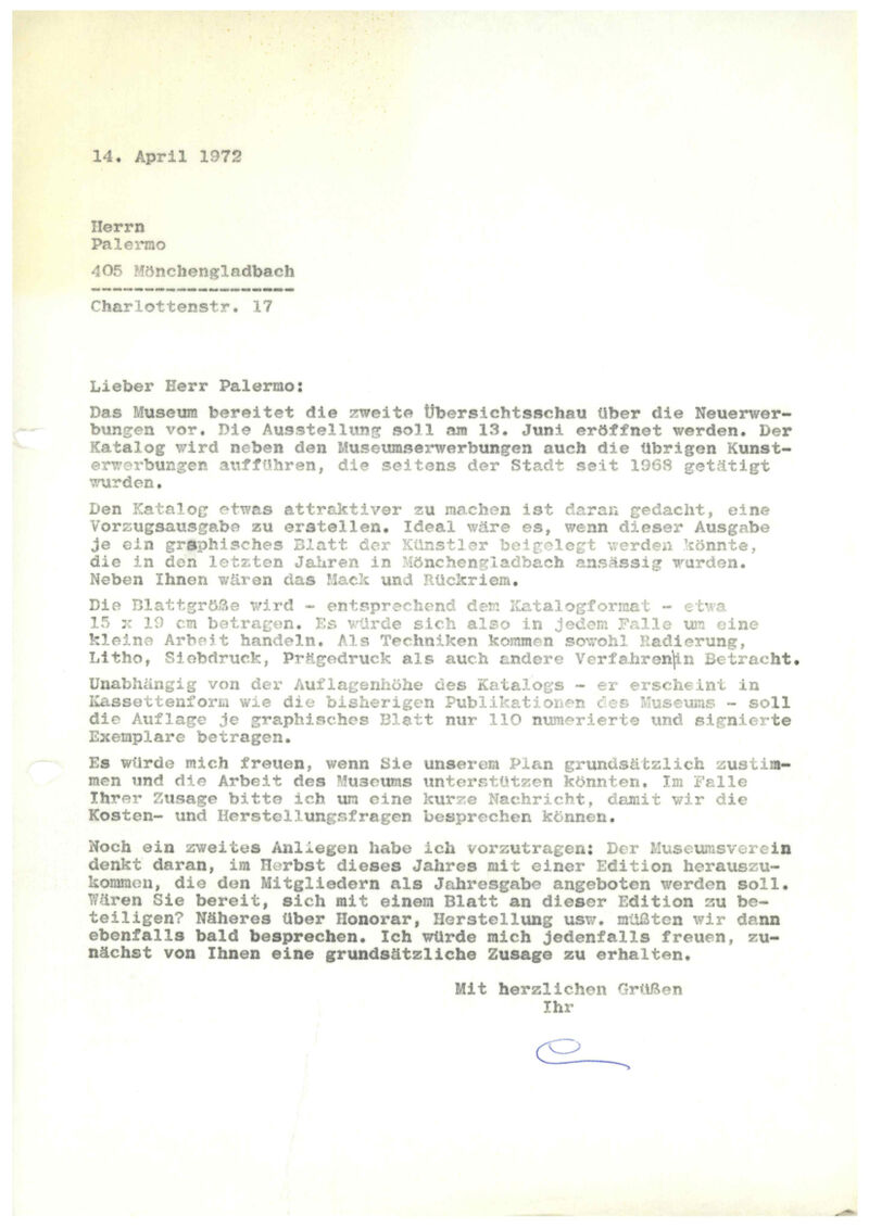 Johannes Cladders, Brief an Palermo, 14.4.1972, masch., Du., Archiv Museum Abteiberg