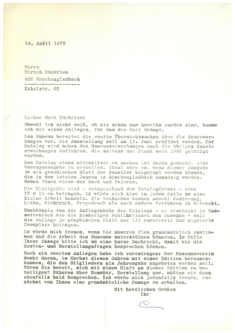 Johannes Cladders, Brief an Ulrich Rückriem, 14.4.1972, masch., Du., Archiv Museum Abteiberg