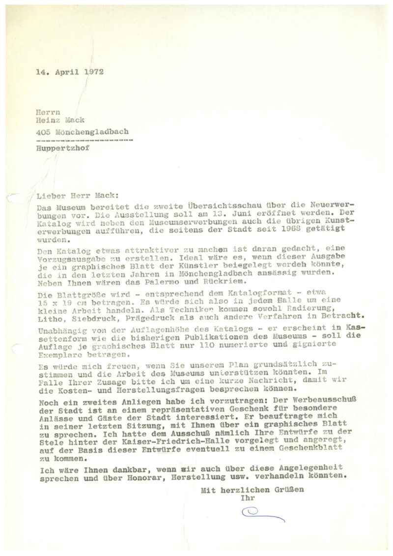 Johannes Cladders, Brief an Heinz Mack, 14.4.1972, masch., Du., Archiv Museum Abteiberg