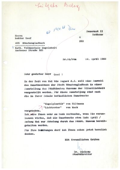 Busso Diekamp, Schreiben an Volksschule Engelsholt, 19.4.1968, masch., Du., Archiv Museum Abteiberg