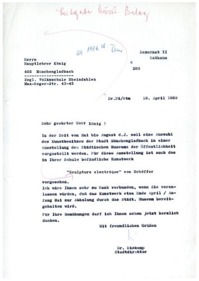 Busso Diekamp, Schreiben an Volksschule Rheindahlen, 19.4.1968, masch., Du., Archiv Museum Abteiberg