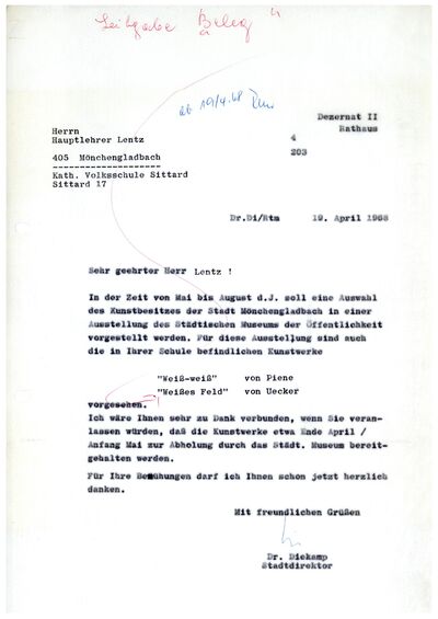 Busso Diekamp, Schreiben an Volksschule Sittard, 19.4.1968, masch., Du., Archiv Museum Abteiberg