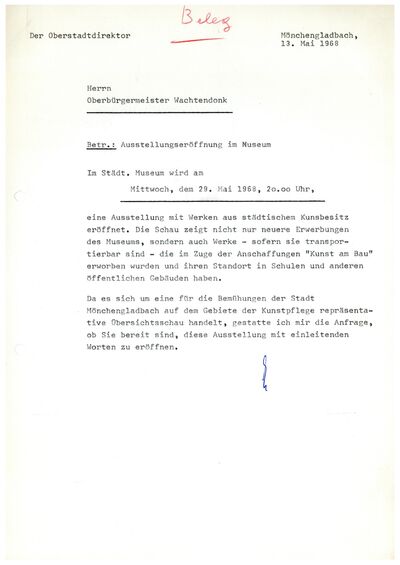 Busso Diekamp, Schreiben an Wilhelm Wachtendonk, 13.5.1968, masch., Du, Archiv Museum Abteiberg