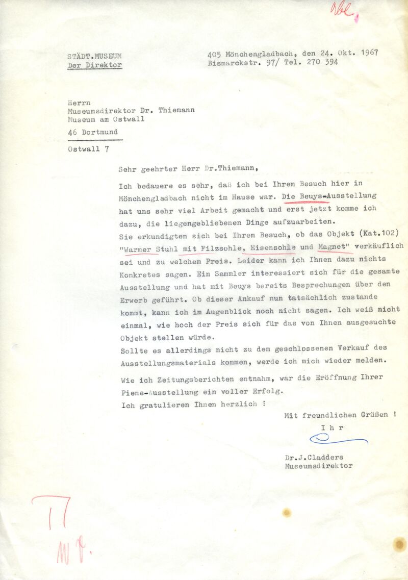 Johannes Cladders, Brief an Eugen Thiemann, 24.10.1967, masch., Du., Archiv Museum Abteiberg