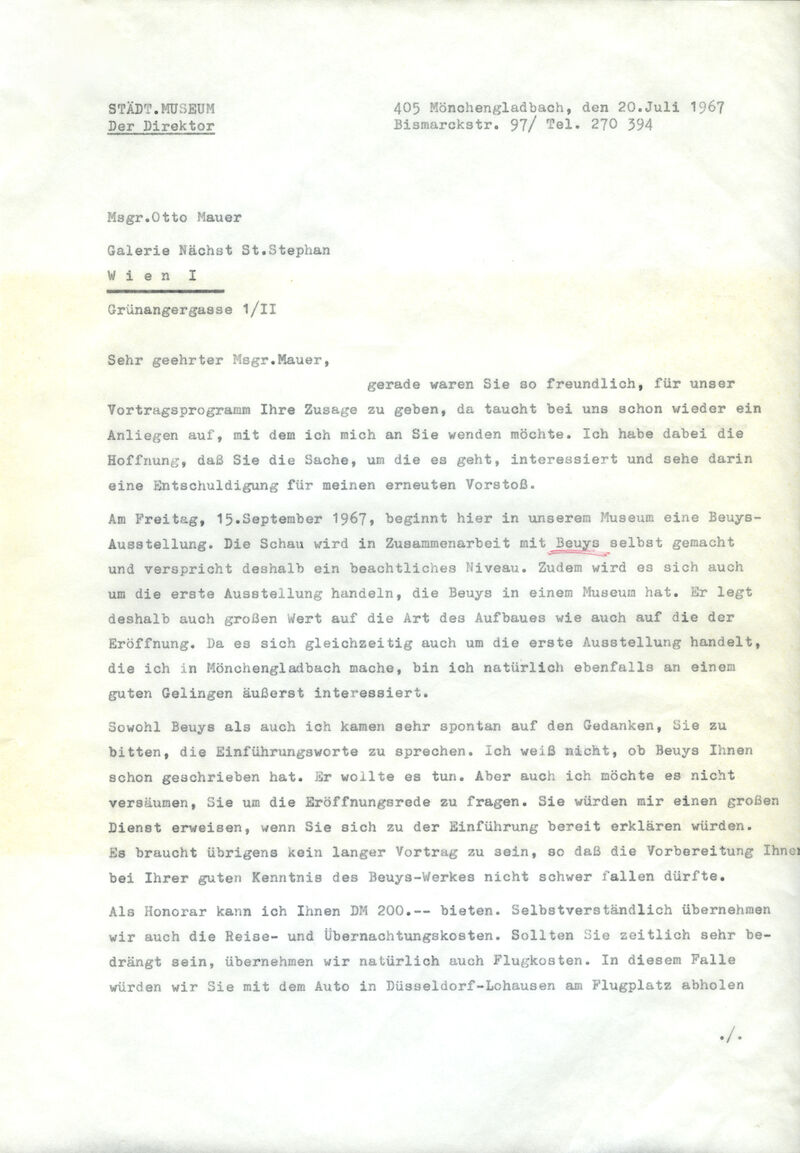 Johannes Cladders, Brief an Monsignore Otto Mauer, 20.7.1967, masch., Du., Archiv Museum Abteiberg