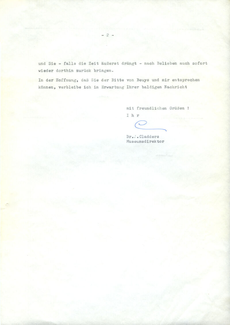 Johannes Cladders, Brief an Monsignore Otto Mauer, 20.7.1967, S. 2, masch., Du., Archiv Museum Abteiberg
