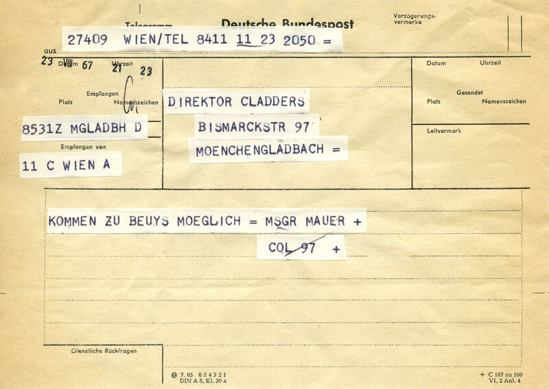 Monsignore Otto Mauer, Telegramm an Johannes Cladders, 23.8.1967, Archiv Museum Abteiberg