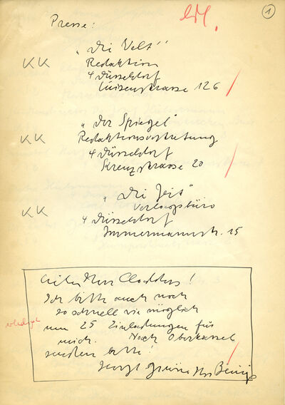 Joseph Beuys, handgeschriebene Liste für den Adressenverteiler, S. 1/9, Archiv Museum Abteiberg, © Joseph Beuys Estate / VG Bild-Kunst, Bonn 2024