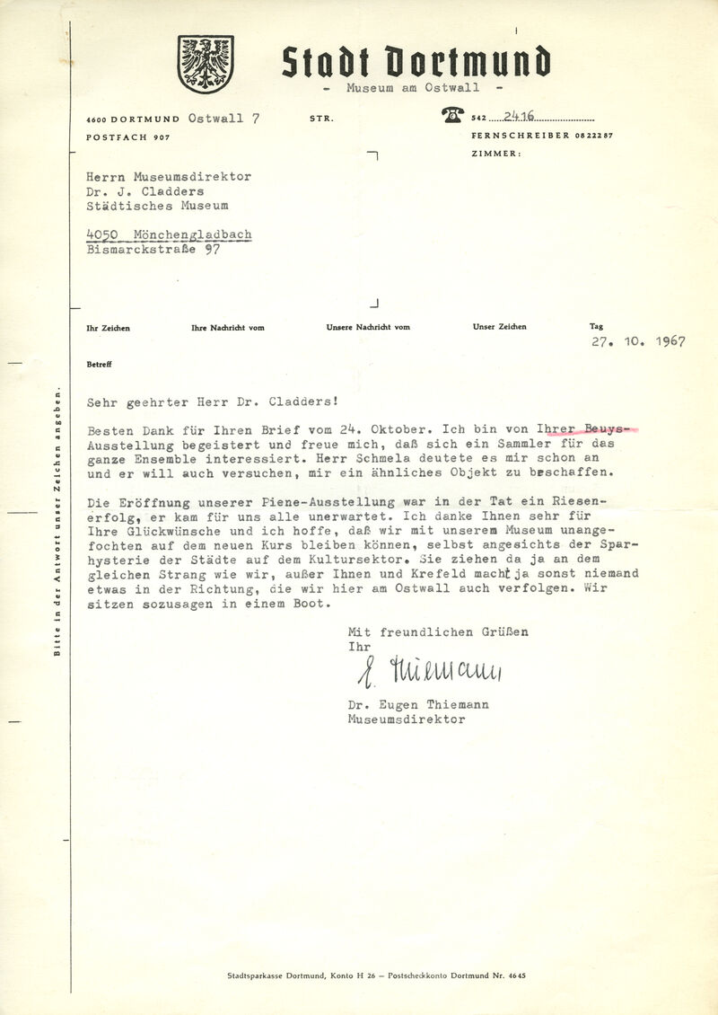 Eugen Thiemann, Brief an Johannes Cladders, 27.10.1967, masch., Archiv Museum Abteiberg