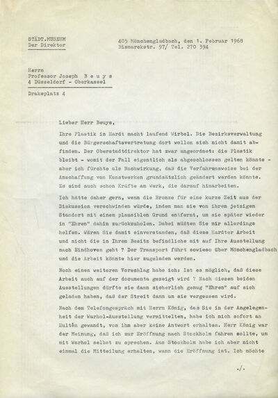 Johannes Cladders, Brief an Joseph Beuys, 1.2.1968, masch., Du., S.1., Archiv Museum Abteiberg