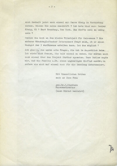 Johannes Cladders, Brief an Joseph Beuys, 1.2.1968, masch., Du., S.2., Archiv Museum Abteiberg