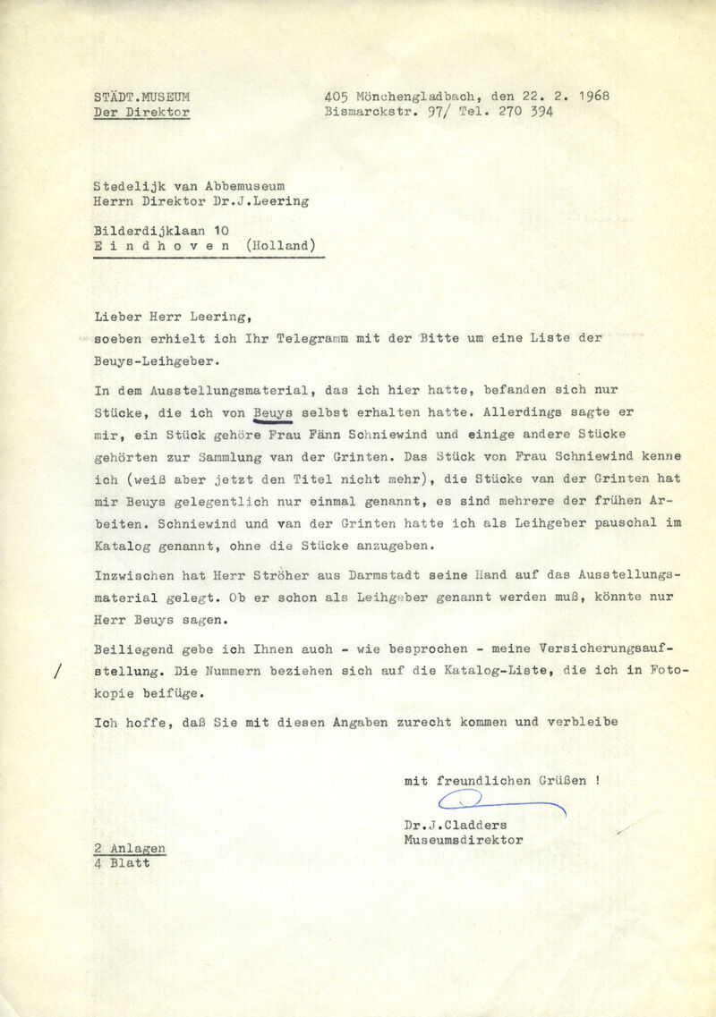 Johannes Cladders, Brief an Jean Leering, 22.2.1968, masch., Du., Archiv Museum Abteiberg