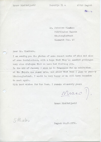 Braco Dimitrijević, Brief an Johannes Cladders, 26.12.1974, masch., Archiv Museum Abteiberg, © Braco Dimitrijević