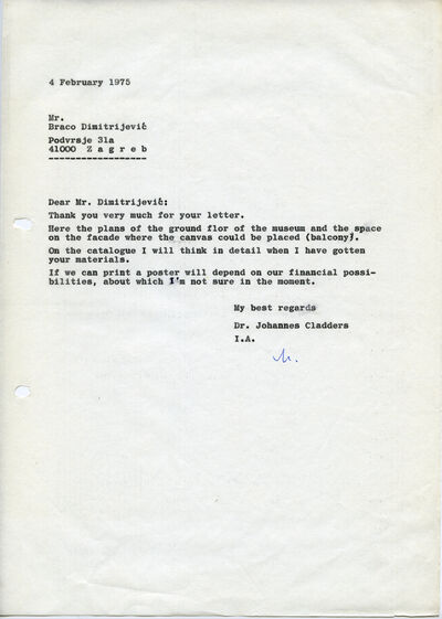 Johannes Cladders, Brief an Braco Dimitrijević, 4.2.1975, masch., Du., Archiv Museum Abteiberg
