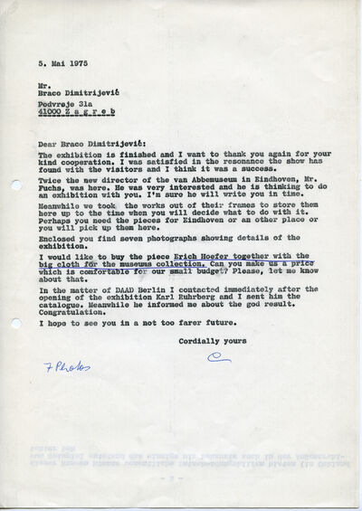 Johannes Cladders, Brief an Braco Dimitrijević, 5.5.1975, masch., Du., Archiv Museum Abteiberg