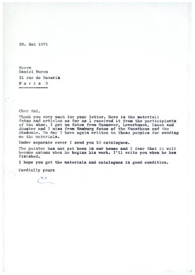 Johannes Cladders, Brief an Daniel Buren, 26.5.1971, masch., Du., Archiv Museum Abteiberg