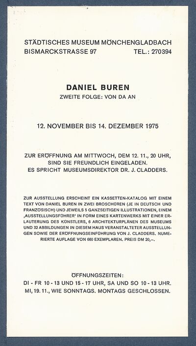 Einladungskarte DANIEL BUREN. Zweite Folge: Von da an, 1975