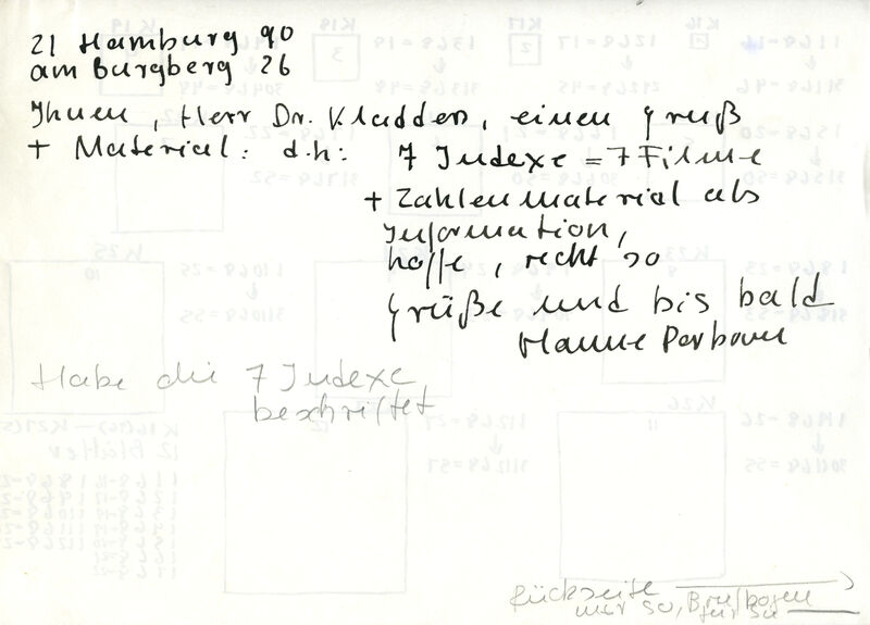 Hanne Darboven, Brief mit erster Ideenskizze an J. Cladders, n.d. [Januar 1969], recto, hs., © Privatarchiv/Nachlass Cladders, © Hanne Darboven Stiftung