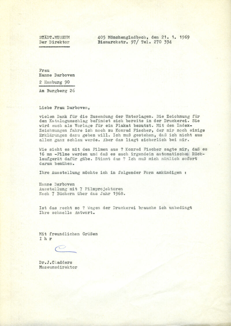 Johannes Cladders, Brief an Hanne Darboven, 21.1.1969, masch., Du., Archiv Museum Abteiberg